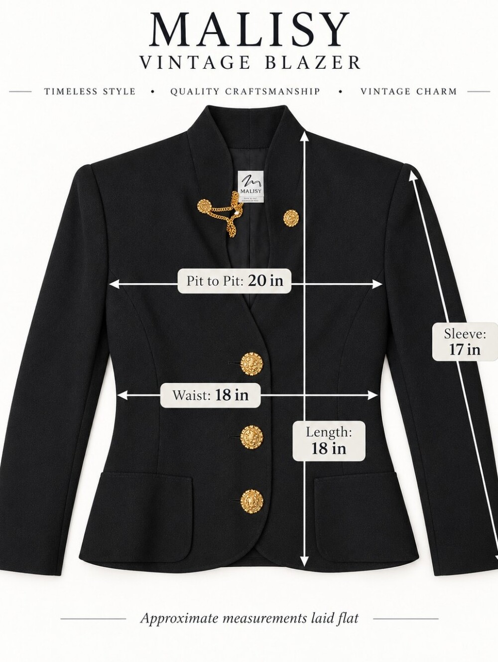 Vintage Malisy Italy Wool Blend Blazer – Black Gold Button Chain Closure Jacket - Picture 9 of 9